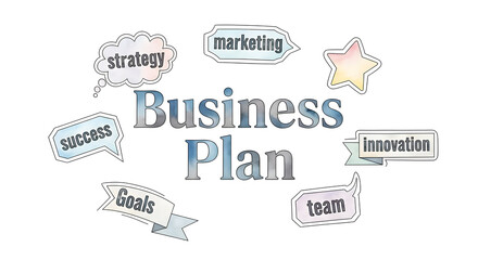 A colorful illustration depicting a business plan concept.  Keywords like strategy, marketing, goals, team, and innovation surround the central 'Business Plan' text.