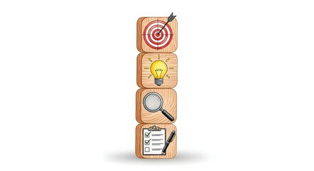 Wooden blocks illustrate a process: target, idea, research, checklist.  Visual representation of goal achievement strategy.