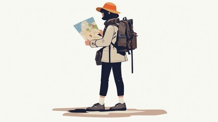 A person in outdoor attire with a backpack and bucket hat holds a map, ready for hiking or exploring nature,