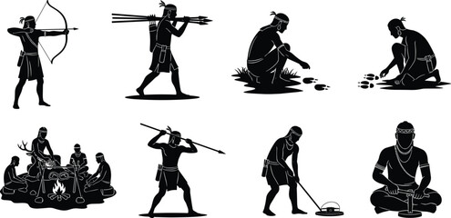 Tribal hunter-gatherer silhouettes, traditional survival skills, bow and arrow, tracking, spear hunting, fire making, tribal life, ancient tools, nature