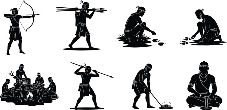 Tribal hunter-gatherer silhouettes, traditional survival skills, bow and arrow, tracking, spear hunting, fire making, tribal life, ancient tools, nature