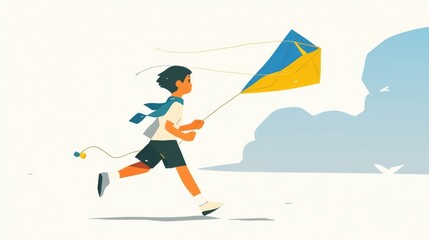 Fototapeta premium A child runs joyfully flying a vibrant yellow and blue kite in a clear sky,