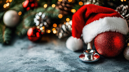 Stethoscope and Santa Claus hat lie on a white background near christmas tree branches and red and white ornaments, creating a festive medical themed image with copy space