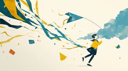 A young boy in a yellow jacket flies a blue diamond kite amidst colorful ribbons against soft watercolor clouds.