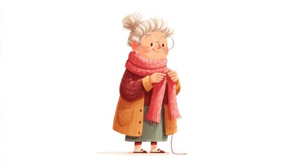 Naklejka premium An elderly woman intently knitting wears round glasses and a brown jacket over a green dress with a purple scarf attache