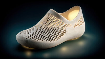 3d printed sneaker minimalist clog breathable mesh white polymer modern design soft glow single shoe studio lighting futuristic style seamless texture Innovative 3d printed sneaker with breathable