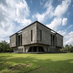 Obraz premium Modernist Gray Concrete Exterior Unique Building Architecture with Green Lawn