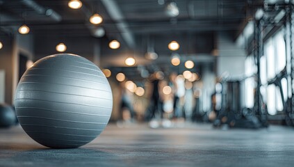 Gray exercise ball in a modern gym.  Blurry figures in background