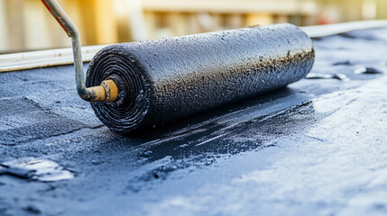 Black roller brush applying surface coating on roof Generative AI