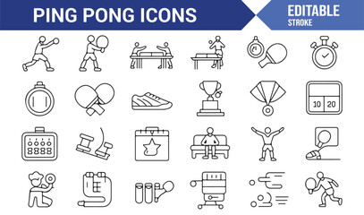 Stroke style ping pong icons pack with competition, rally, serve, spin, and championship illustrations