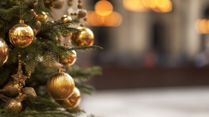 Christmas tree decked with gold decorations and sparkling lights, perfect for holiday ambiance, home decor, or seasonal cheer graphics.