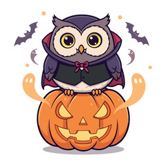 Kawaii Halloween owl character with cape and bow tie perched on carved pumpkin bats flying around illustration