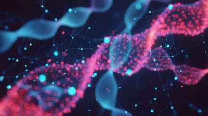 Futuristic pink plexus dna double helix rotating in a dark digital world - Powered by Adobe