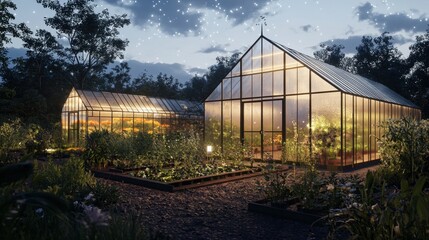 Obraz premium Beautiful greenhouses illuminated at dusk, showcasing lush plants and vibrant colors in a serene outdoor garden setting