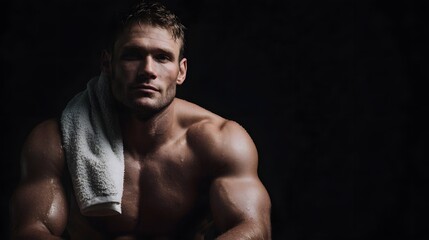 Fototapeta premium Muscular male athlete with a white towel draped over his shoulder resting after an intense workout against a dark dramatic background