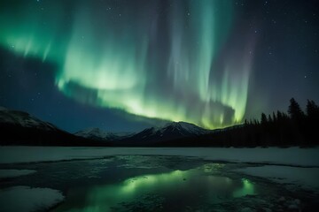 Naklejka premium Ethereal green ribbons of the aurora borealis dance across a starry night sky, reflecting on a frozen lake framed by winter mountains. A serene, cosmic scene for dreamy wall art.