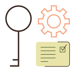 Key highlighting solutions, gear symbolizing processes, and checklist card for task completion. Ideal for problem-solving, workflow management, planning, productivity, innovation, strategy simple