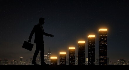 Silhouette of a businessman walking towards illuminated skyscrapers, representing growth and success.