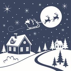 Naklejka premium Santa's sleigh soars above snowy houses under the moonlight, delivering Christmas cheer on a winter's night