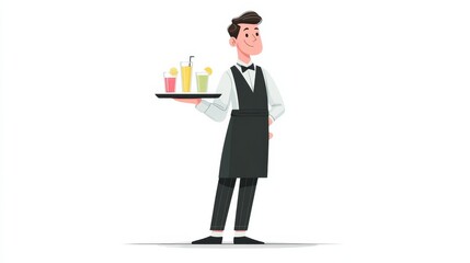A formal animated waiter holds a tray with four colorful drinks, dressed in a suit with a bow tie and apron,