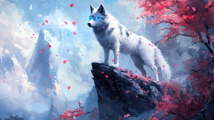 majestic wolf with glowing blue eyes standing atop a mountain, with cherry blossom petals floating around --chaos 20 --ar 16:9 --quality 2 --v 6.1 Job ID: e48bb966-d685-471c-b700-3995150861f5