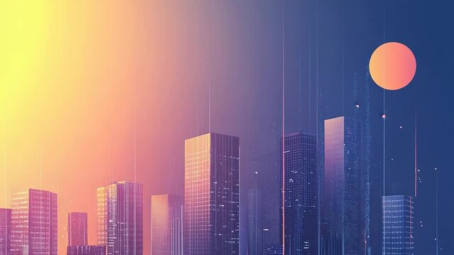 Futuristic cityscape connecting with data streams under sunset and large planet