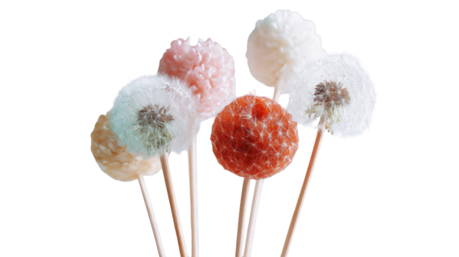 Colorful dandelion seed heads arranged closely