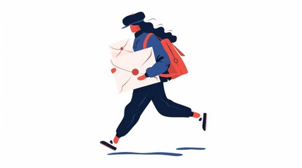 Fototapeta premium A dynamic character in motion, wearing a cap and jacket, carries a bright red backpack while holding an envelope,