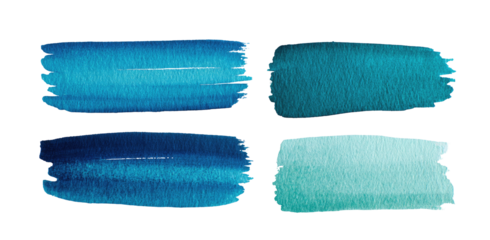 Four rectangular,  hand-painted,  watercolour-style swatches of varying shades of teal and turquoise,  with rough,  textured edges