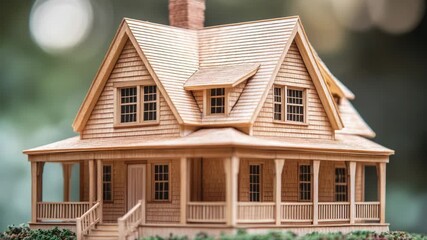 A detailed wooden model of a house sitting on a table, perfect for decoration or demonstration