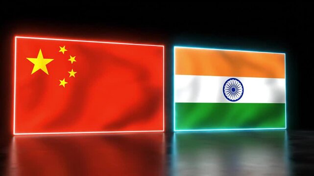 Flags of china and india waving with neon borders