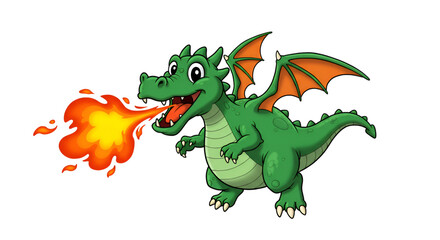 Obraz premium Fiery Dragon's Roar: A whimsical illustration of a green dragon breathing fire, capturing the magic of fantasy.
