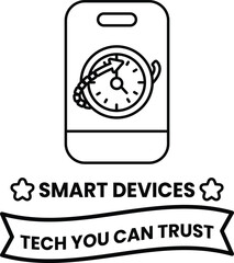 A black and white image of a cell phone with a clock on it