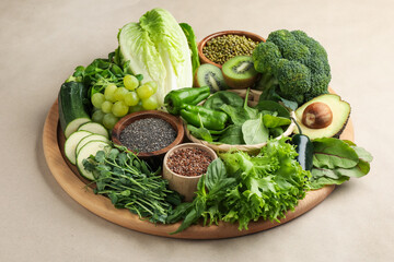 Superfood. Different healthy products on beige background, closeup