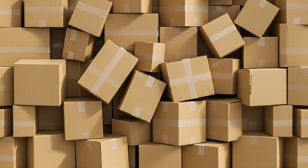 Abstract background of scattered cardboard boxes in random piles. Kraft packaging design, ideal for wallpaper, shipping, delivery, logistics, and storage themed creative projects.