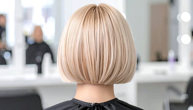 Rear view of a woman with a perfectly styled, shiny blonde bob haircut after a professional salon treatment, showcasing modern hair fashion