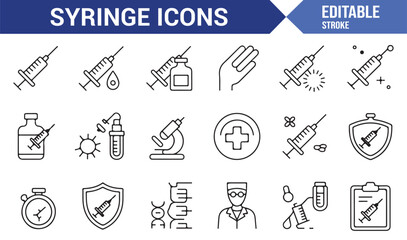 Healthcare syringe icons set in line art style with liquid, vial, research, and immunology illustrations