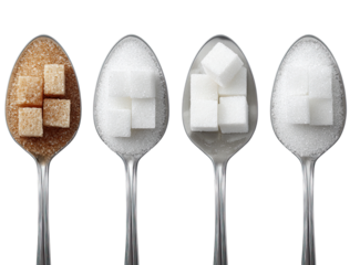 Four spoons, each holding sugar cubes of varying shades