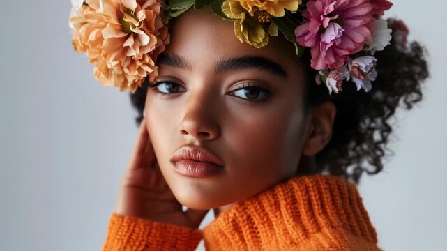 A young woman wearing a colorful flower crown on her head, perhaps for a celebration or ceremony