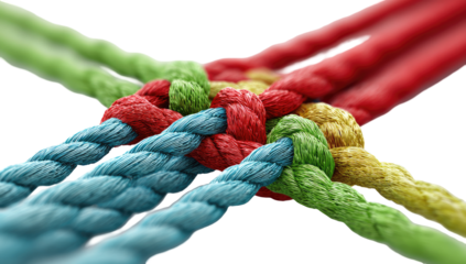 Intertwined colorful ropes forming a complex knot.  Close-up view of vibrant, interwoven strands of  various hues, creating a symbolic  image of unity and interconnectedness
