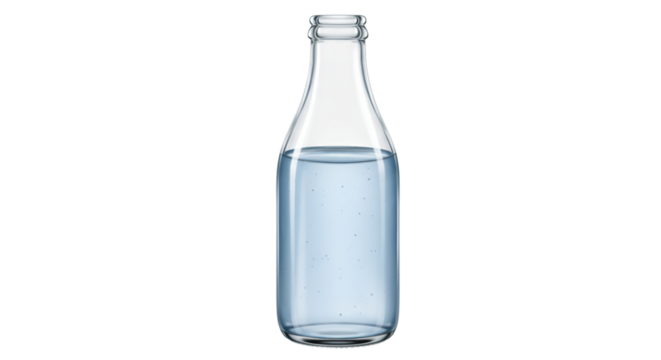 Glass Bottle with Water: A crystal clear glass bottle elegantly holds refreshing pure water, offering a visual of simplicity and purity, perfect for wellness, hydration, and natural living.