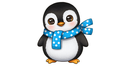 Obraz premium Cuddly Penguin with Blue Scarf: A charming penguin, sporting a stylish blue scarf, stands as a testament to the simple joys of life. capturing playful charm and endearing look.