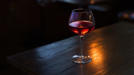Red wine glass on dark wood surface with soft reflections, perfect for wine tasting events, restaurant menus, or sophisticated ambiance graphics.