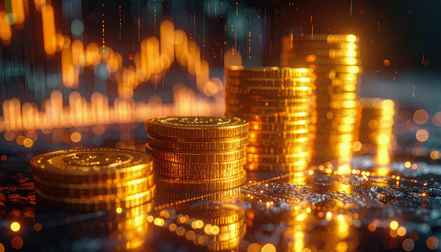 Stack of golden coins with glowing financial graph lines and bar chart overlay symbolizing