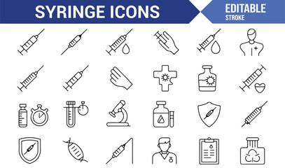 Stroke style syringe icons pack with vaccine, dose, hospital, epidemic, and medical treatment tools