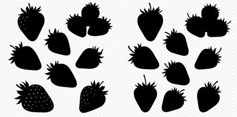 Black silhouettes of strawberries in various shapes and groupings on a transparent background.