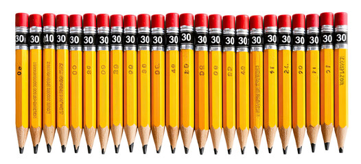 Row of many small yellow pencils with red caps and black markings