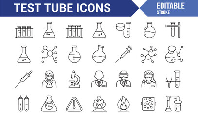 Vector editable stroke test tube icons collection with laboratory equipment, molecules, and safety illustrations