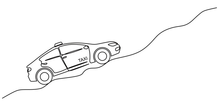 Continuous line art of a taxi driving on a winding, bumpy road. Public transportation concept. Vector illustration.