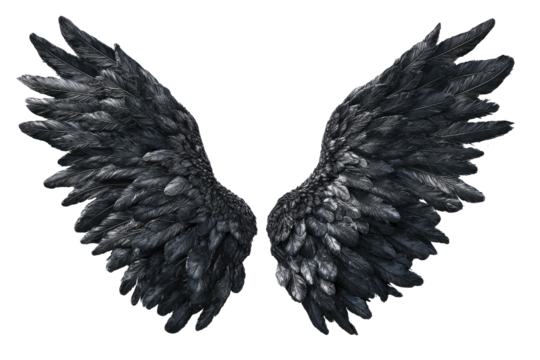Dark, detailed wings, spread wide, appear almost metallic, in deep grey-black
